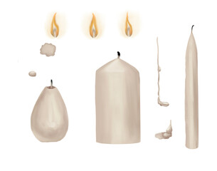 Set of candles with and without light, with melted wax