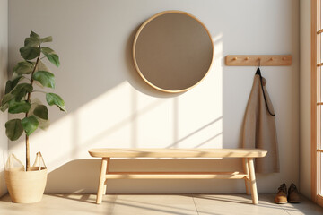 Fototapeta na wymiar Luxury Interior Design Scandinavian Living Room simple wooden bench, a row of minimal coat hooks, Huge round mirror reflecting the natural light