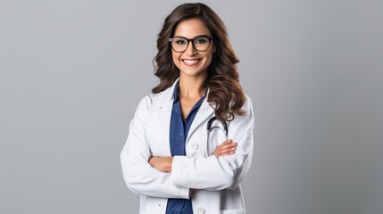 Portrait of a smiling female doctor in studio - obrazy, fototapety, plakaty