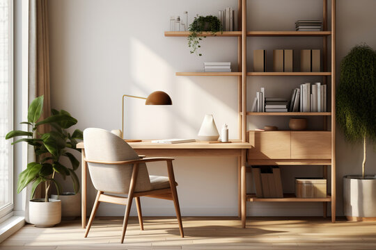 Modern home office with a clean-lined wooden desk, a comfortable ergonomic chair, and a minimalist bookshelf displaying a collection of design books and potted plants in a Scandinavian style.
