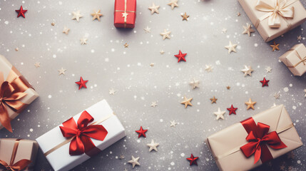 Christmas background with white red gift wrap and festive holiday decorations, top view, - obrazy, fototapety, plakaty