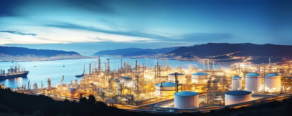 Fotobehang Oil refinery plant from industry zone, Oil refinery at twilight, Aerial view of Oil and gas industry,  industry factory concept and transportation, Refinery factory, and oil storage tank  © ruslee