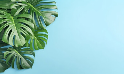 Tropical monstera leaves on a pastel blue background.