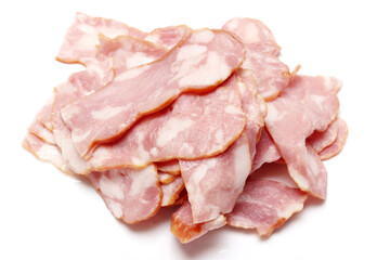 Close up of top view fresh bacon crispy isolated white background.