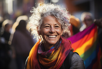 colorful portrait of a smiling woman at a lgtbi rights demonstration - obrazy, fototapety, plakaty