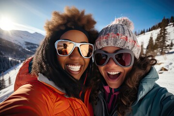 friends taking selfies on the ski slope on winter holidays  - obrazy, fototapety, plakaty