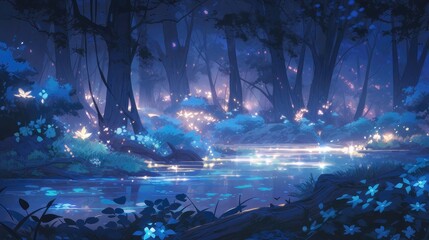 Fantasy Fairy Tale Forest at Night. A Magical Scene