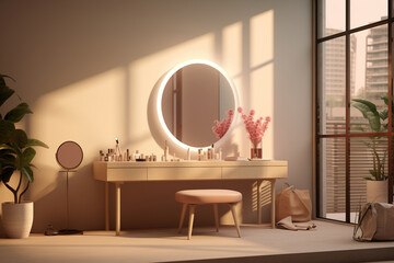 Modern minimalist dressing room, with a simple and modern dressing table, a minimalist clothing rack, and soft ambient lighting
