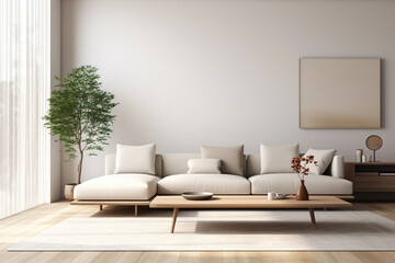 Modern minimalist living room, featuring a sleek and neutral-toned sectional sofa, a minimalist coffee table, and uncluttered wall decor
