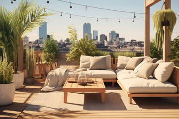 Modern minimalist rooftop terrace, featuring clean-lined outdoor furniture, neutral-toned cushions, and potted plants, Scandinavian style
