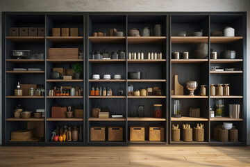 Simple and Organized Minimalist Kitchen Pantry with Glass Jerry Cans, Metal Containers, Shelves, and Efficient Storage Solutions: A Sustainable and Stylish Pantry Background