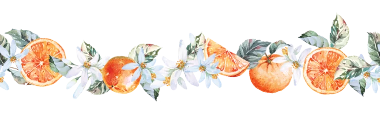 Fotobehang Orange border. Seamless botanical citrus rim, for cards, wedding or fabric.Hand draw with watercolor.Fruit border. © joy8046