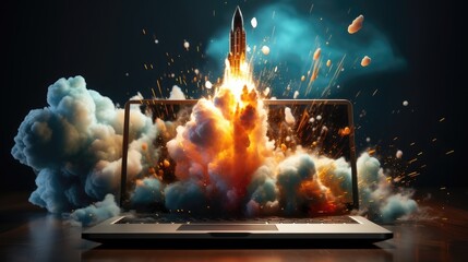 Laptop Screen Launches Rocket into Blue Sky – A Vision of Innovative Technology  - obrazy, fototapety, plakaty