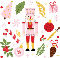 vector set of pink nutcrackers with twigs and Christmas balls. 14 illustrations Xmas, a sweet cane, Christmas tree decorations, a sword, a pine cone, a gift, a pink tree, caramel, leaves and flowers.