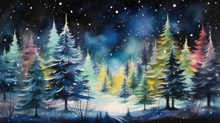 Christmas Trees and Glowing Lights.  Watercolor Forest 