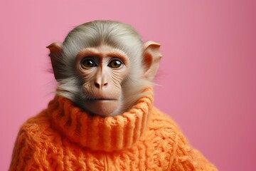 A chimp turned human dressed in a sweater poses on an pink pastel background, A monkey wearing a pink suit. Hyperrealist portrait