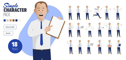 Simple flat male businessman vector character in a set of multiple poses. Easy to edit and isolated on a white background. Modern trendy style character mega pack with lots of poses.	