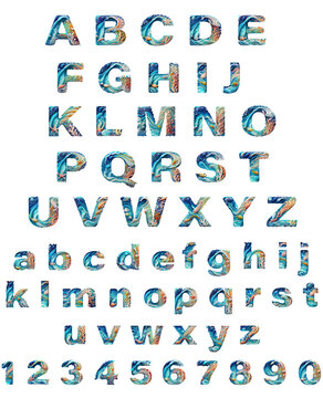 Colorful sea life font alphabet on white background.