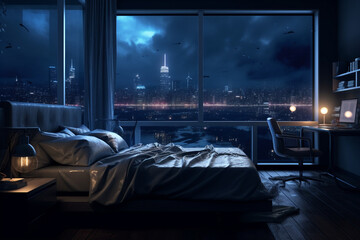a bedroom interior with a panoramic window view of a futuristic cityscape at night, rain streaming down the glass | Generative Ai