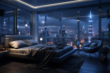 a bedroom interior with a panoramic window view of a futuristic cityscape at night, rain streaming down the glass | Generative Ai