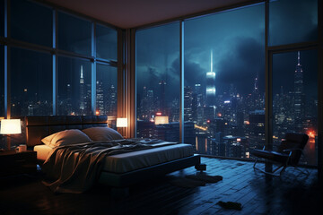 a bedroom interior with a panoramic window view of a futuristic cityscape at night, rain streaming down the glass | Generative Ai