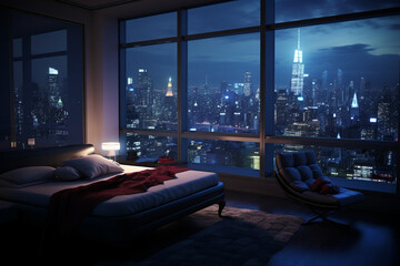a bedroom interior with a panoramic window view of a futuristic cityscape at night, rain streaming down the glass | Generative Ai