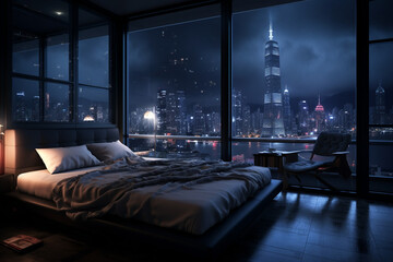 a bedroom interior with a panoramic window view of a futuristic cityscape at night, rain streaming down the glass | Generative Ai
