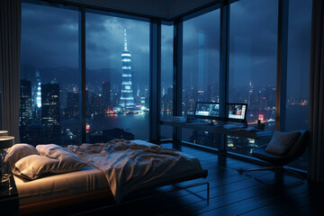 a bedroom interior with a panoramic window view of a futuristic cityscape at night, rain streaming down the glass | Generative Ai