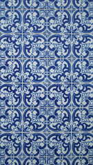 Part of a typical Portuguese wall decorated with tiles. Nice blue and white colors. Portugal. Vertical photo. 16:9