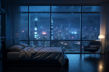 a bedroom interior with a panoramic window view of a futuristic cityscape at night, rain streaming down the glass | Generative Ai