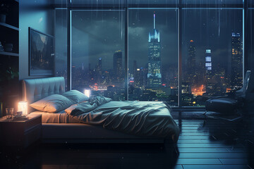 a bedroom interior with a panoramic window view of a futuristic cityscape at night, rain streaming down the glass | Generative Ai