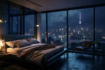 a bedroom interior with a panoramic window view of a futuristic cityscape at night, rain streaming down the glass | Generative Ai