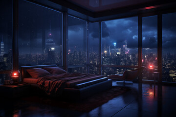 a bedroom interior with a panoramic window view of a futuristic cityscape at night, rain streaming down the glass | Generative Ai