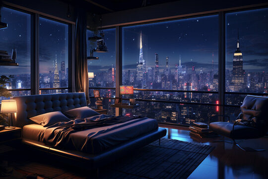 a bedroom interior with a panoramic window view of a futuristic cityscape at night, rain streaming down the glass | Generative Ai