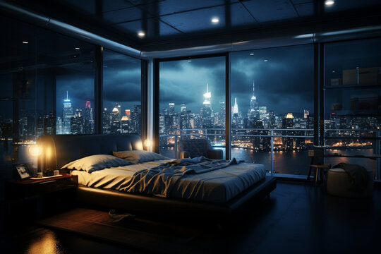a bedroom interior with a panoramic window view of a futuristic cityscape at night, rain streaming down the glass | Generative Ai