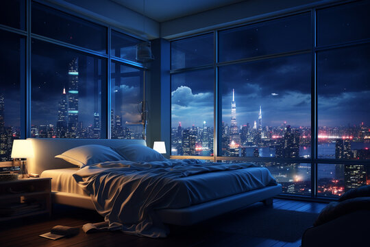 a bedroom interior with a panoramic window view of a futuristic cityscape at night, rain streaming down the glass | Generative Ai