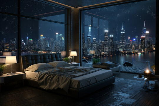 a bedroom interior with a panoramic window view of a futuristic cityscape at night, rain streaming down the glass | Generative Ai
