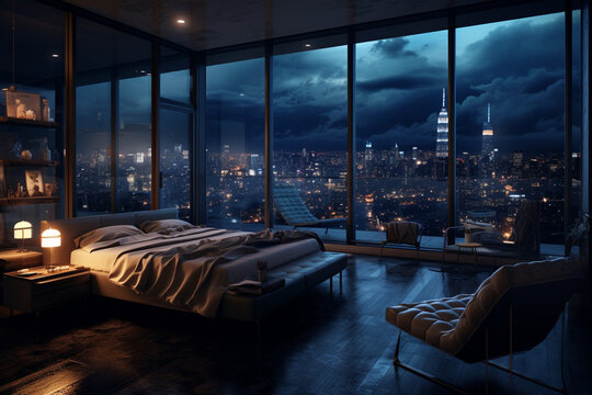 a bedroom interior with a panoramic window view of a futuristic cityscape at night, rain streaming down the glass | Generative Ai