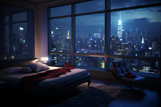 a bedroom interior with a panoramic window view of a futuristic cityscape at night, rain streaming down the glass | Generative Ai