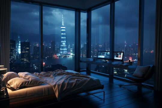 a bedroom interior with a panoramic window view of a futuristic cityscape at night, rain streaming down the glass | Generative Ai