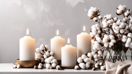 Stylish table with cotton flowers and aroma candles near light wall. Banner for design.