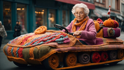 Grandma Riding in a Knitted Military Vehicle AI generated