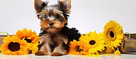 Yorkshire terrier pup with blossoms