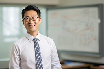 Obraz premium Picture made with generative AI photo of happy handsome man standing in a contemporary office class room