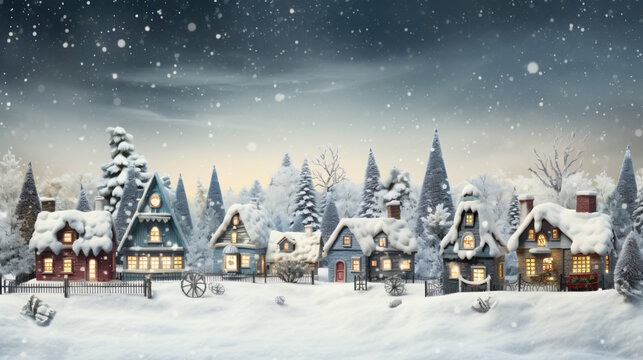 Obraz Christmas village with Snow in vintage style. Winter Village Landscape. Christmas Holidays. Christmas Card