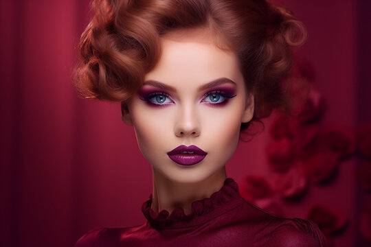 Generative AI portrait picture of beautiful glamorous luxury make up fashion model girl over red maroon background