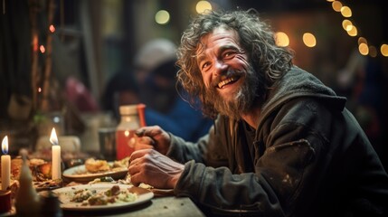 
A homeless man sits in the shelter's cafeteria.
 - obrazy, fototapety, plakaty