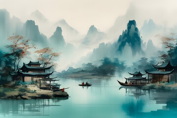 Landscape chinese painting style - obrazy, fototapety, plakaty