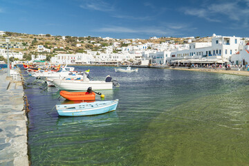 Fototapeta na wymiar Small bpats in the harbour of Mykonos Town on the island of Naxos one of the Cyclades islands in Greece