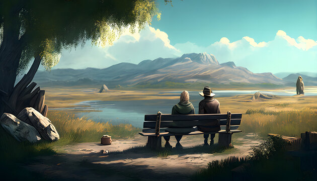 Couple sitting on a bench painting